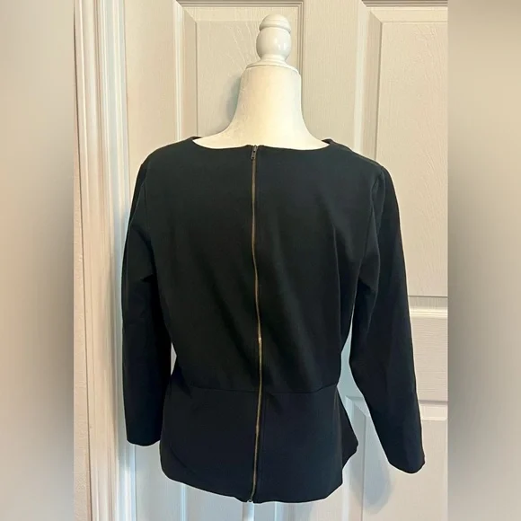 J. Crew Black Ponte Knit Peplum Long Sleeve Top Exposed Zipper Stretch Blouse - Picture 7 of 10